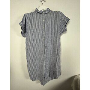 Tahari Blue Striped Linen Tunic Shirt Dress Large Short Sleeve Button-Down NWOT
